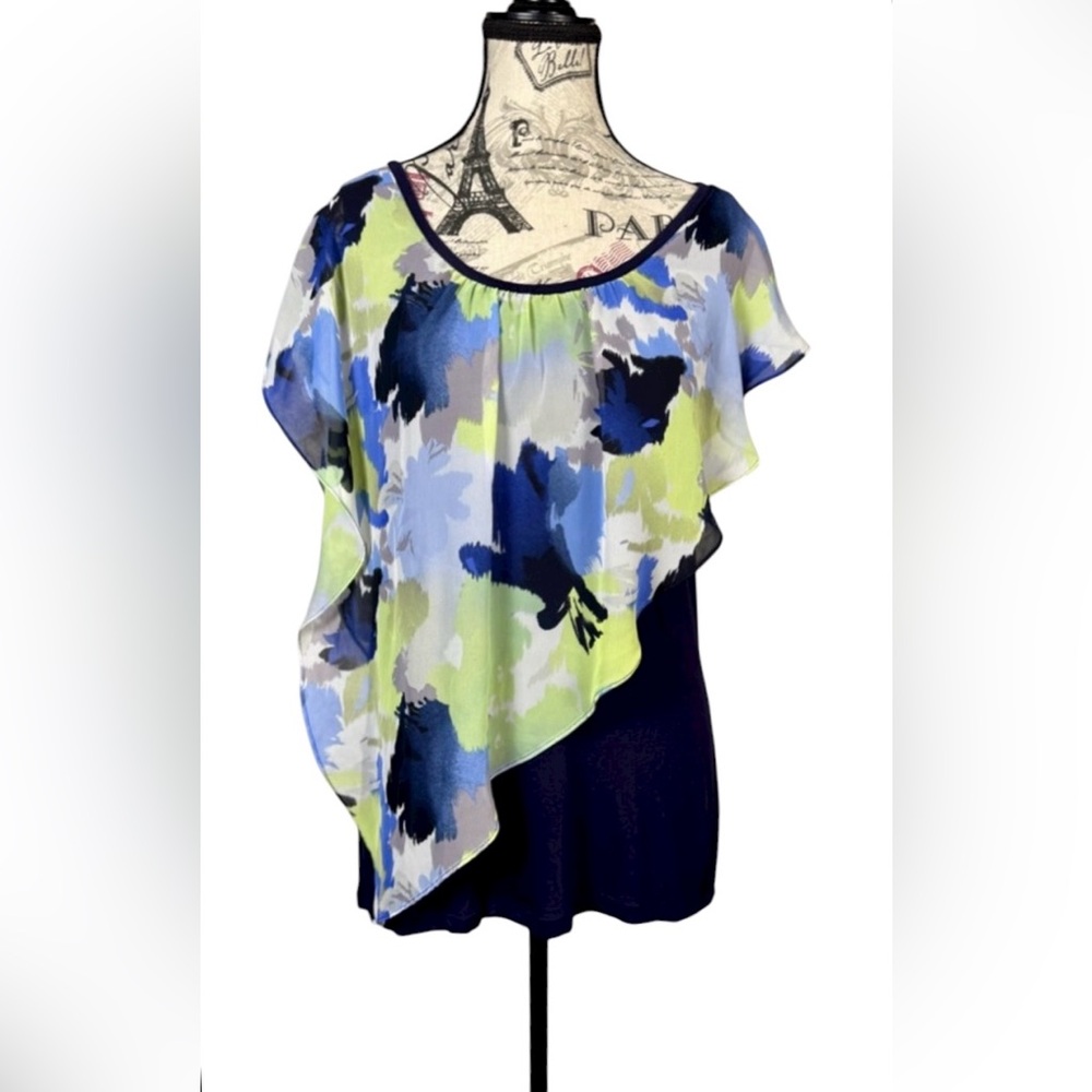 Iz Byer Elegant Draped Blue and Green Floral Blouse Size XL